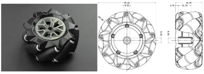 Mecanum wheels used; dimensions are in mm